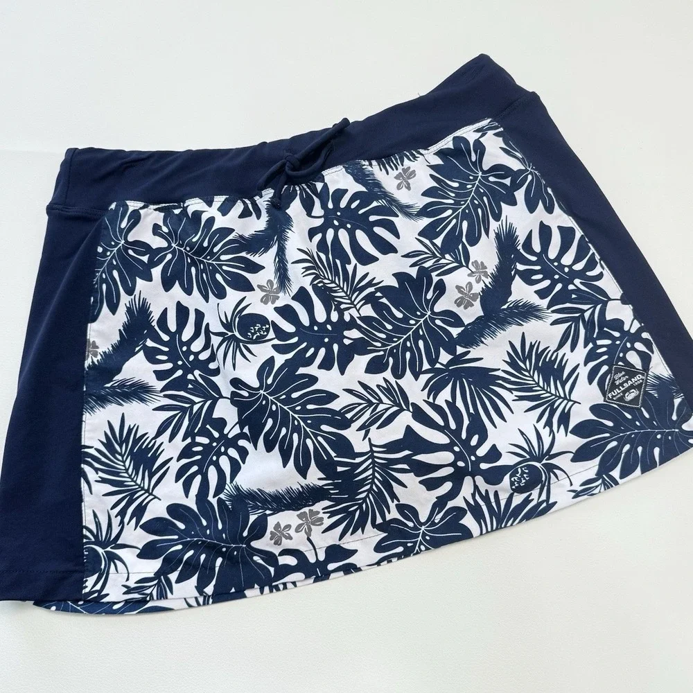 Fullsand Tropical Monstera Print Swim Skort‎ Womens Large Navy White Coastal